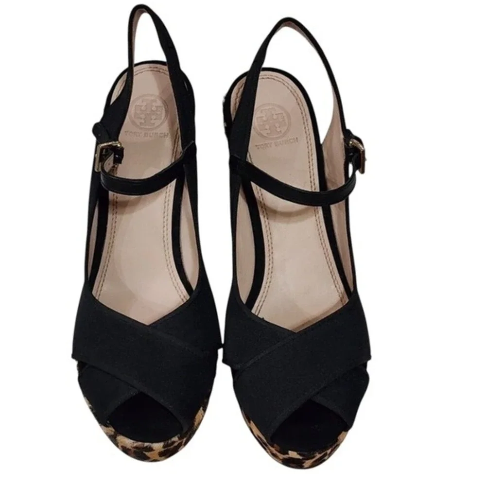 Tory Burch Black Criss Cross Leopard Print Wedge Platform Heels Sandals 9.5‎